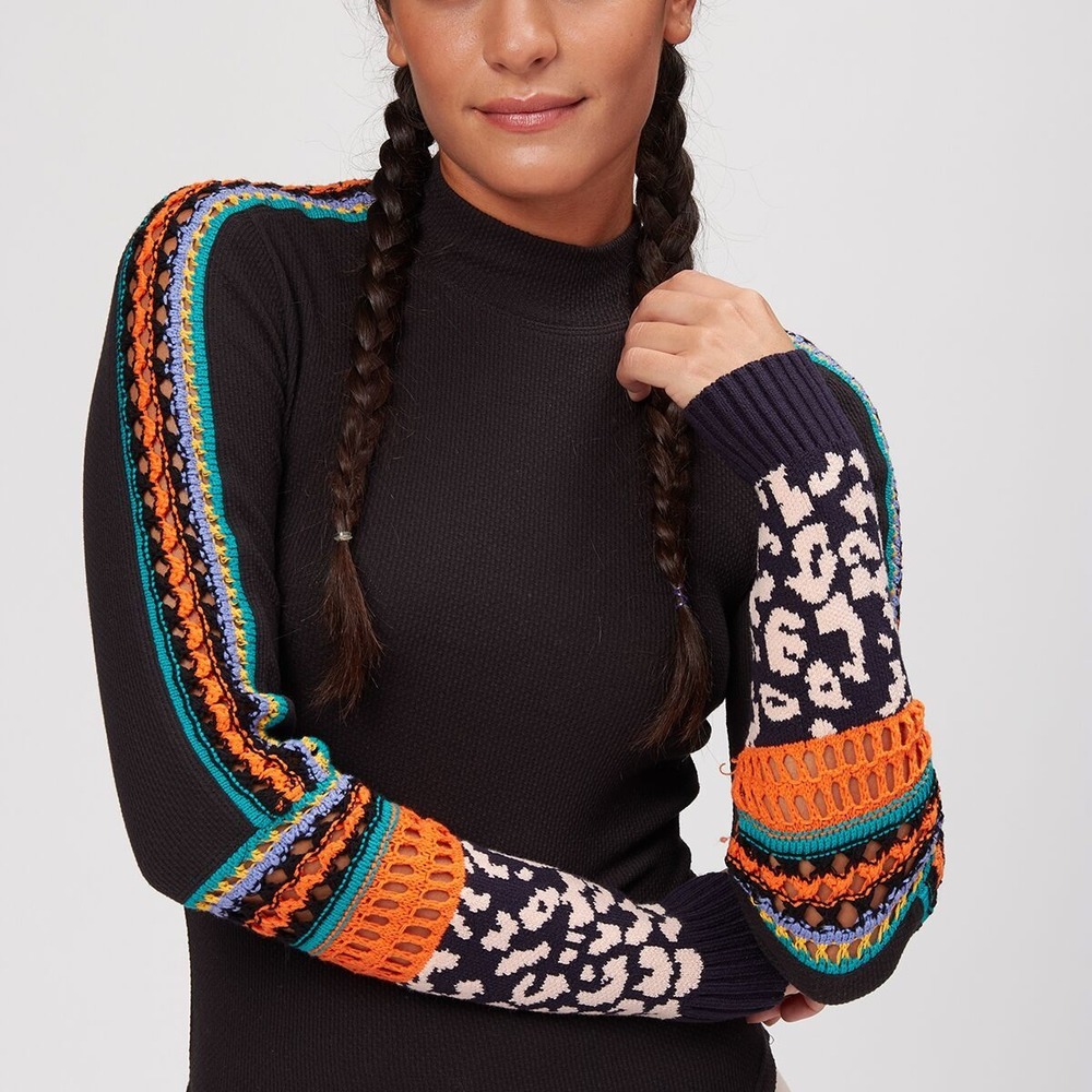 Free‎ People Black Mock Neck Long Sleeve Sweater Knit Pattern Sleeves XS